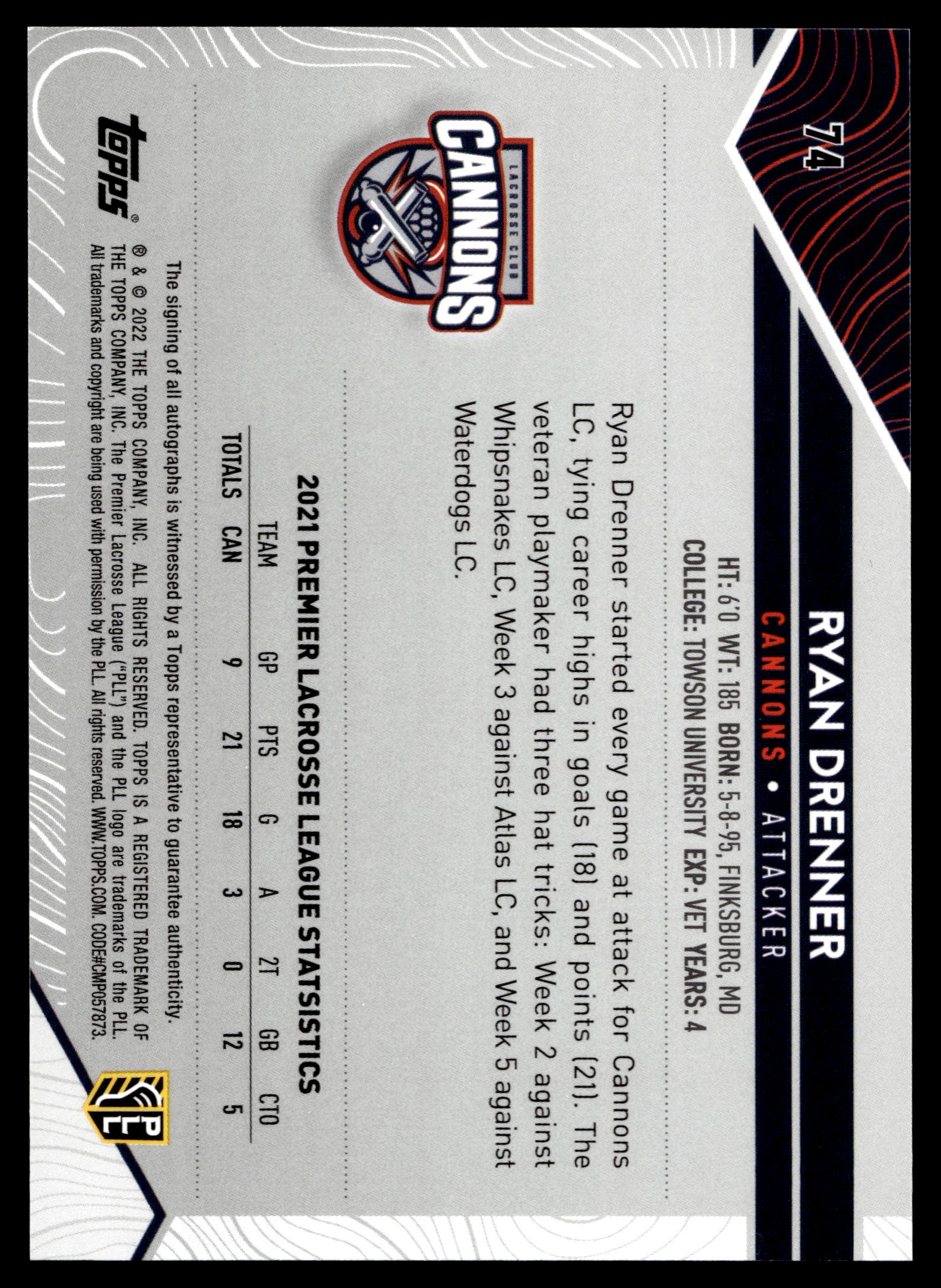 Ryan Drenner 2022 Topps PLL Cannons Base Auto #74