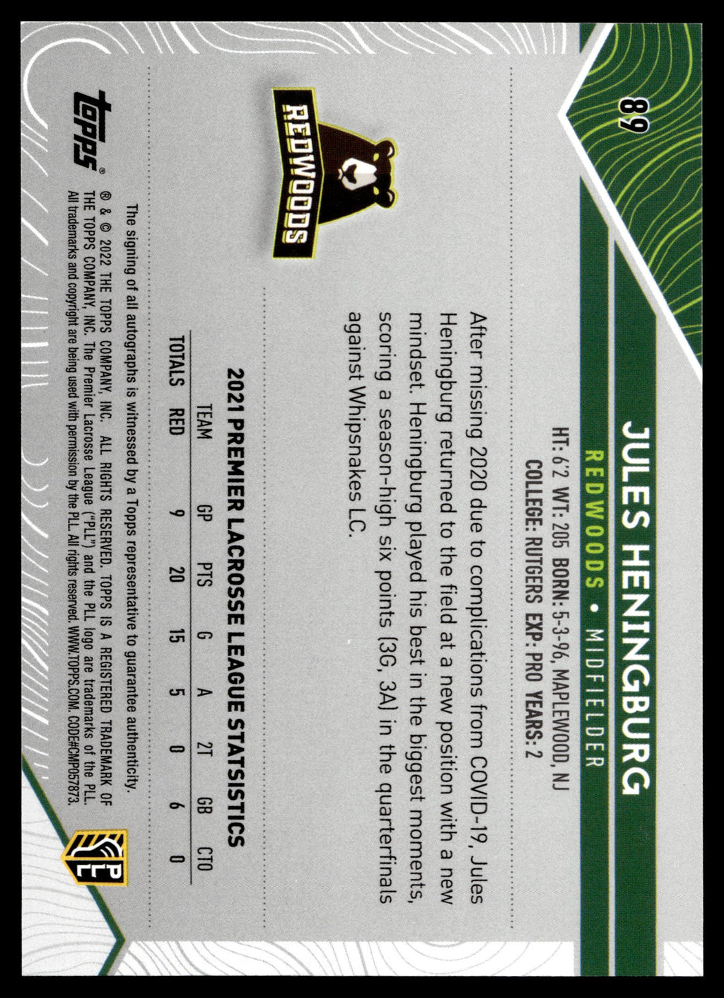 Jules Heningburg 2022 Topps PLL Redwoods Base Auto #89