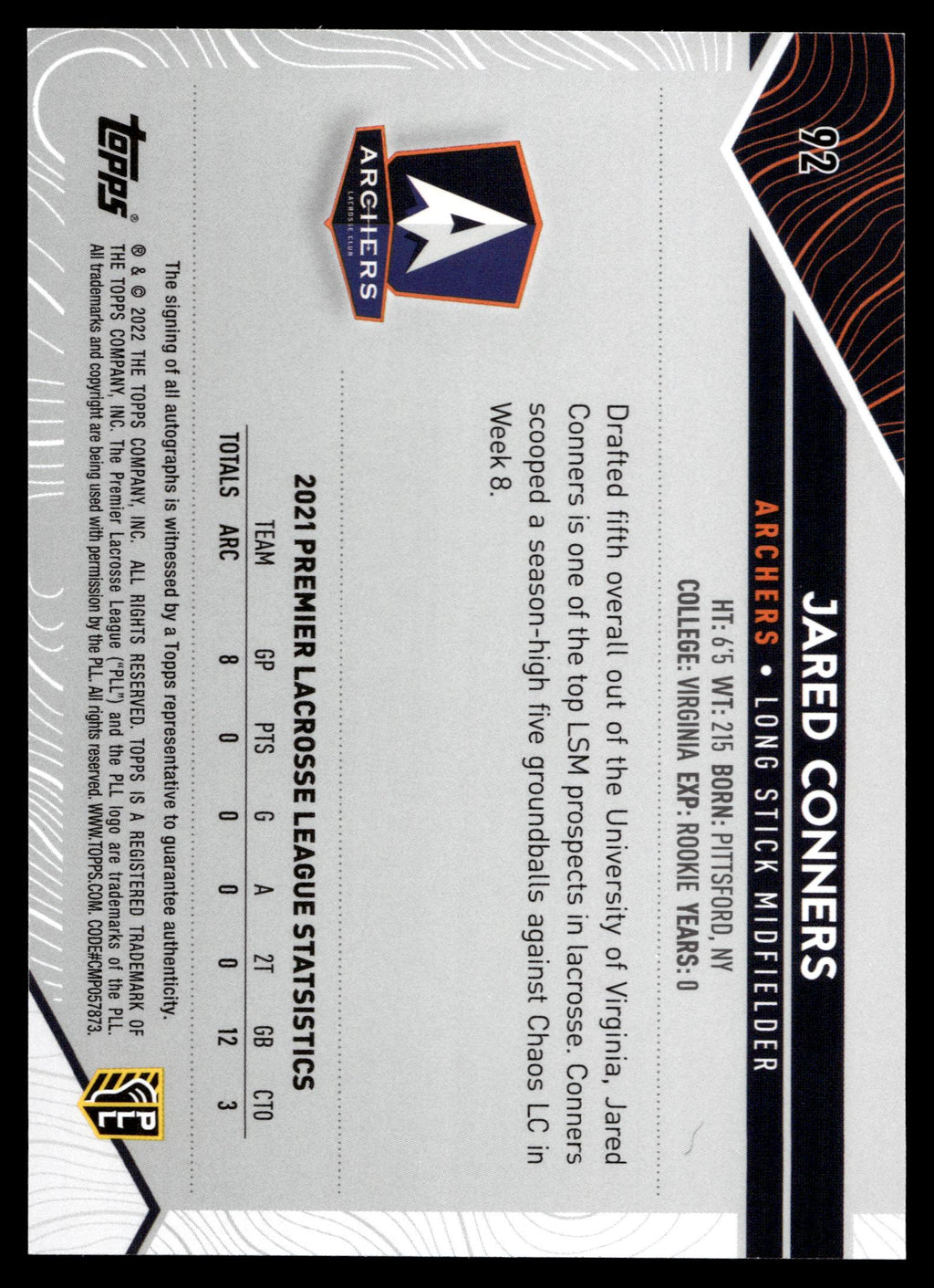 Jared Conners 2022 Topps PLL Atlas Base Auto #92