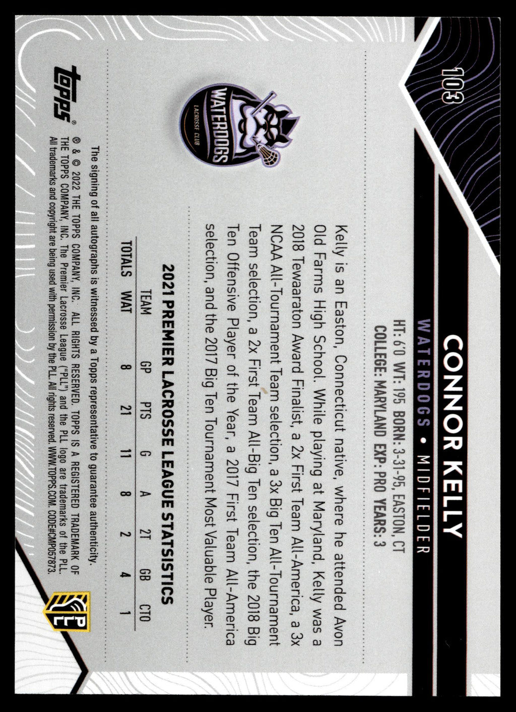 Connor Kelly 2022 Topps PLL Waterdogs Base Auto #103