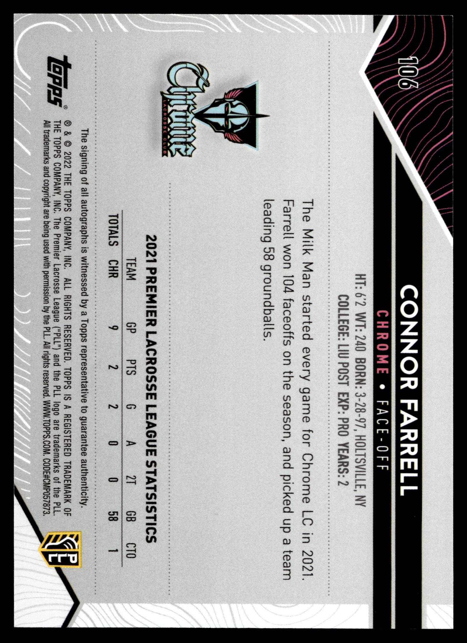 Connor Farrell 2022 Topps PLL Chrome Base Auto #106