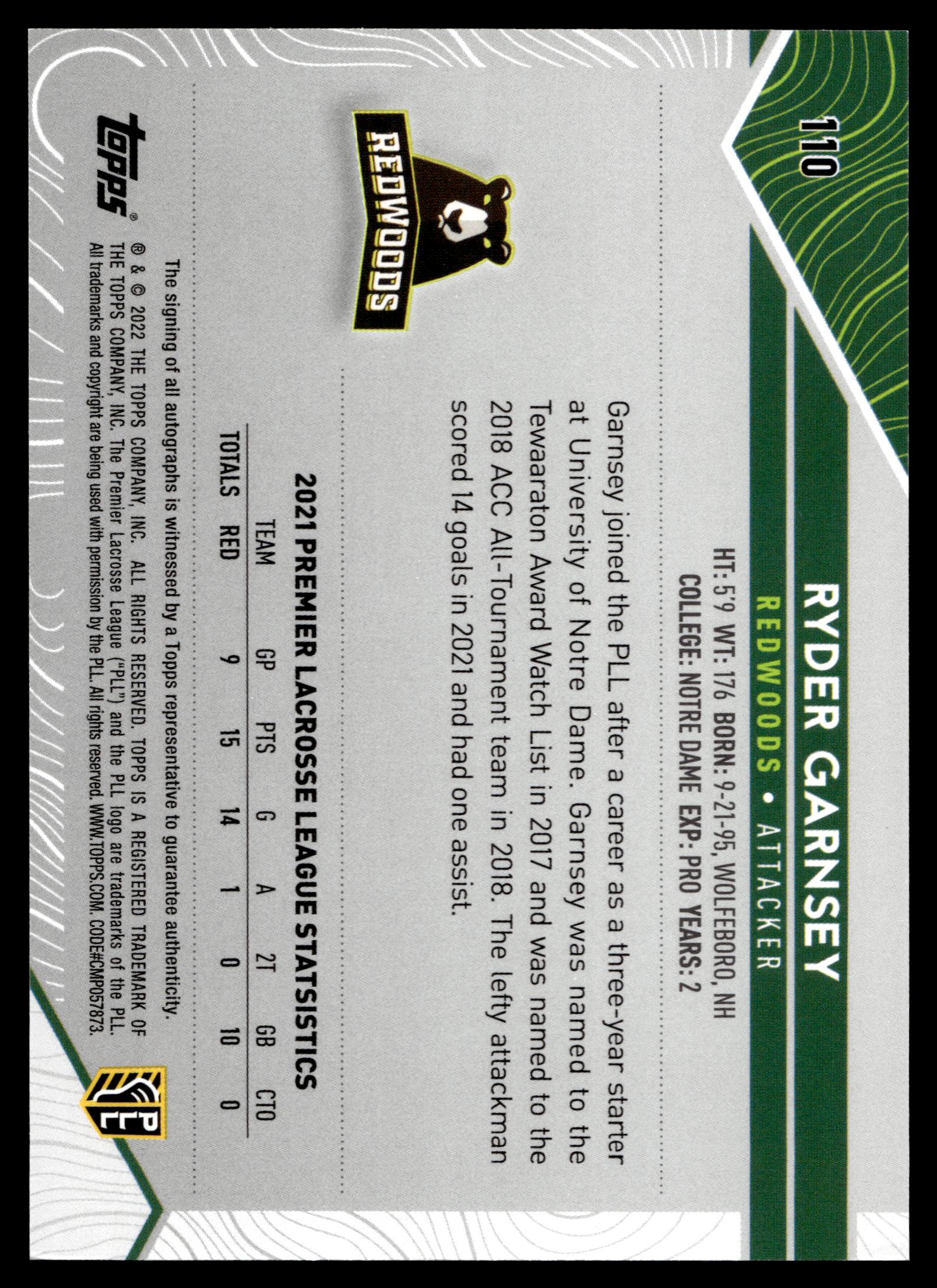 Ryder Garnsey 2022 Topps PLL Redwoods Base Auto #110
