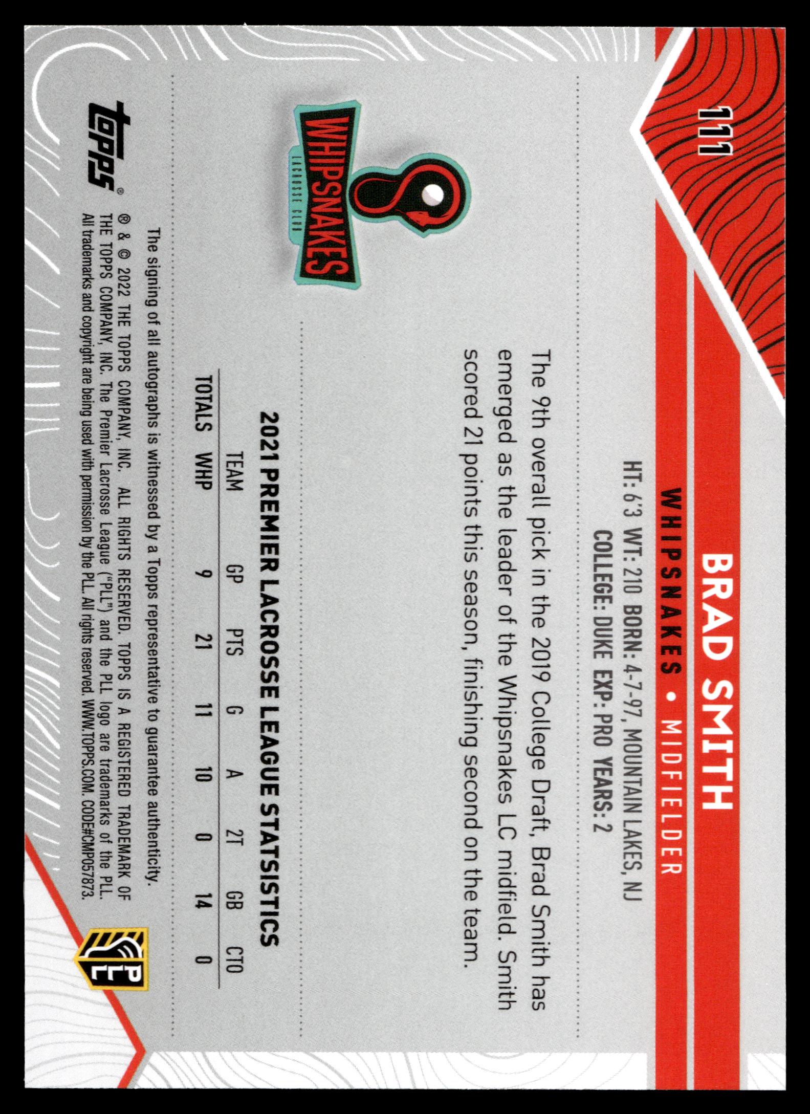 Brad Smith 2022 Topps PLL Whipsnakes Base Auto #111