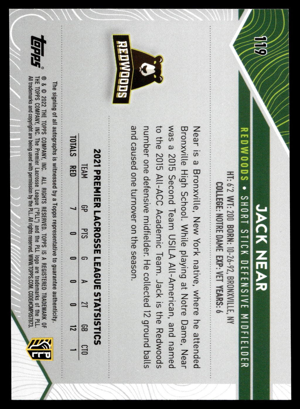 Jack Near 2022 Topps PLL Redwoods Base Auto #119