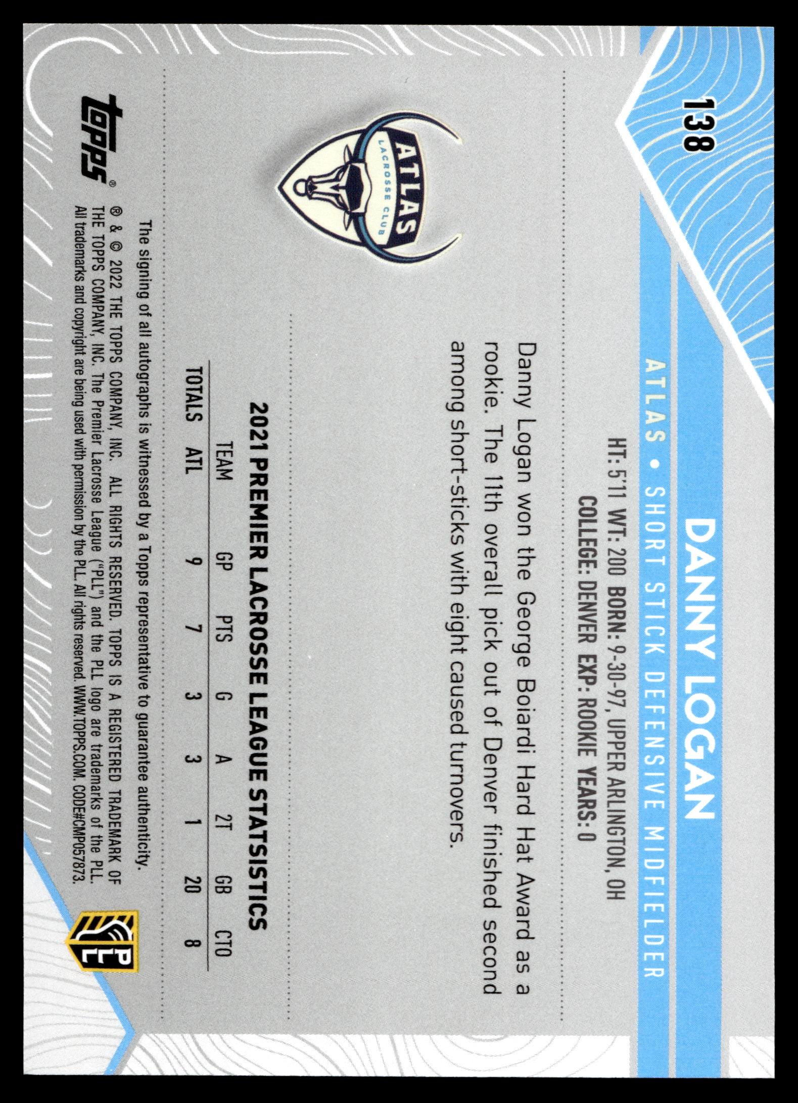 Danny Logan 2022 Topps PLL Atlas Base Auto #138