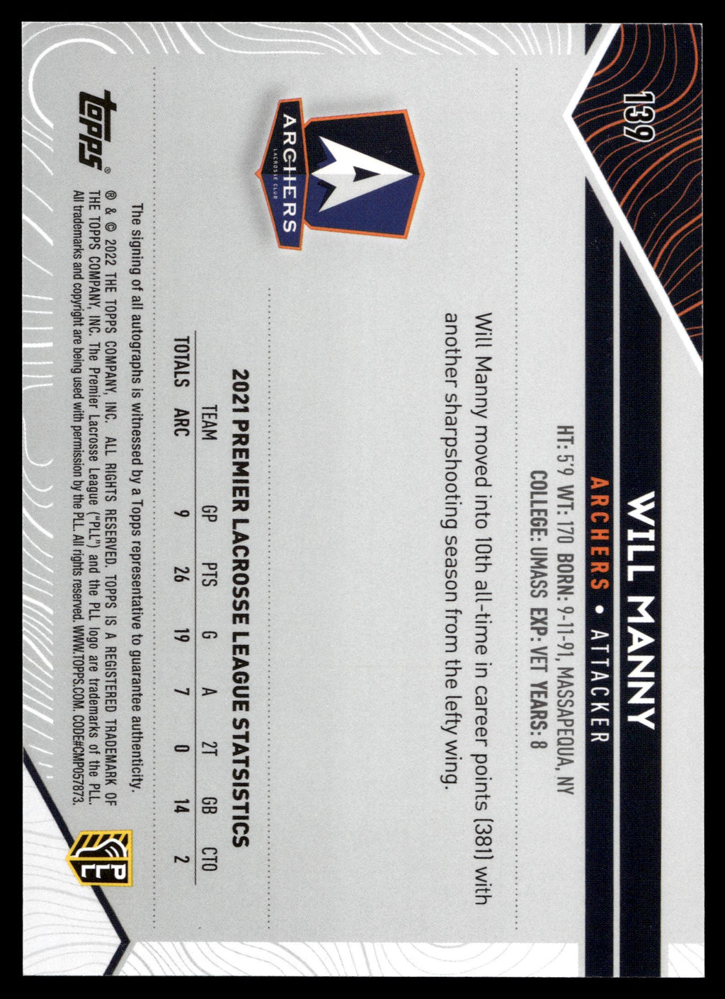Will Manny 2022 Topps PLL Atlas Base Auto #139