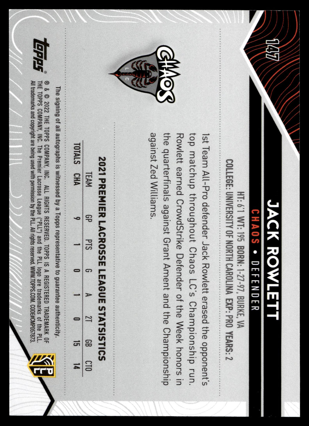 Jack Rowlett 2022 Topps PLL Chaos Base Auto #147