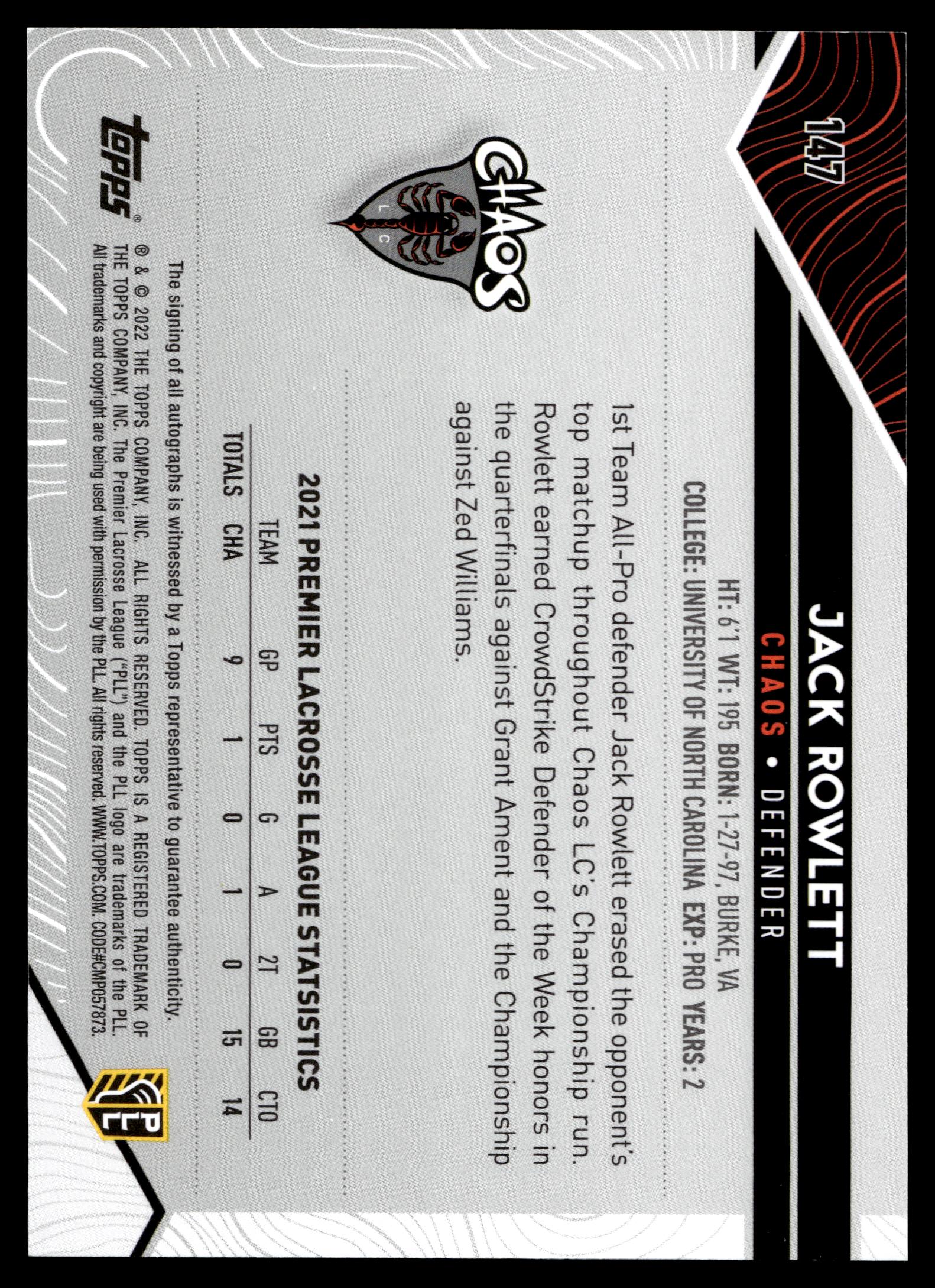 Jack Rowlett 2022 Topps PLL Chaos Base Auto #147