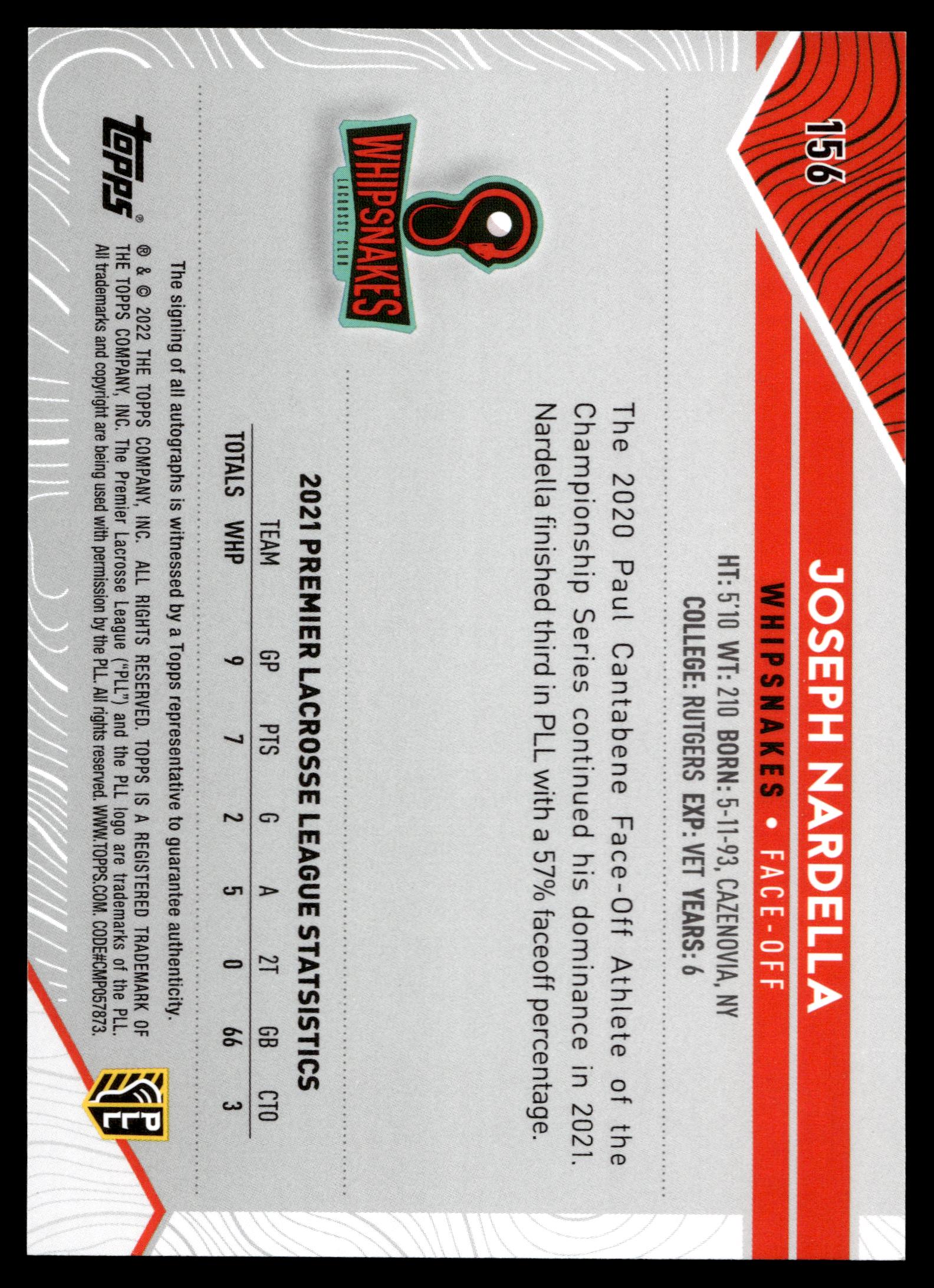 Joseph Nardella 2022 Topps PLL Whipsnakes Base Auto #156