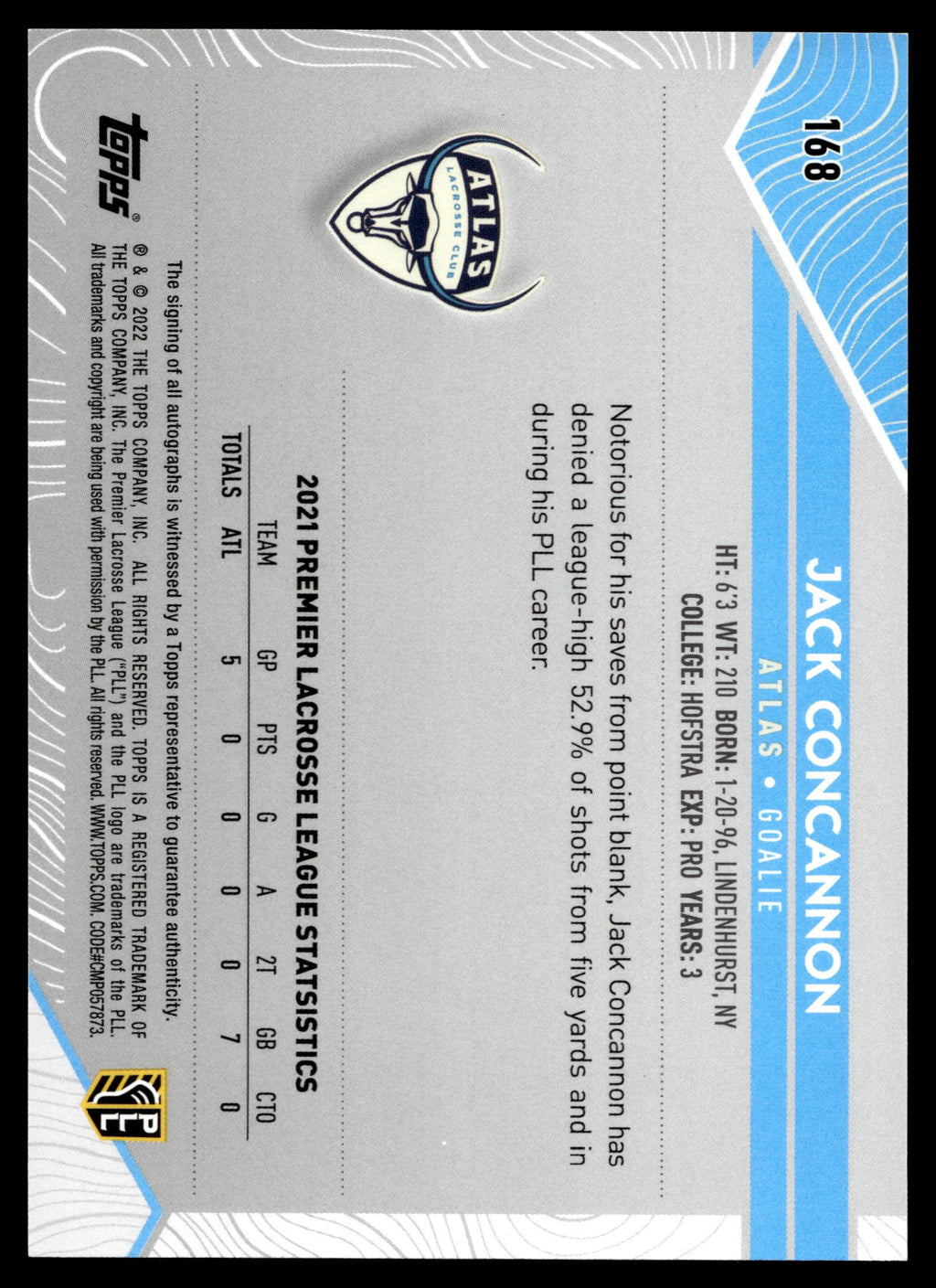 Jack Concannon 2022 Topps PLL Atlas Base Auto #168