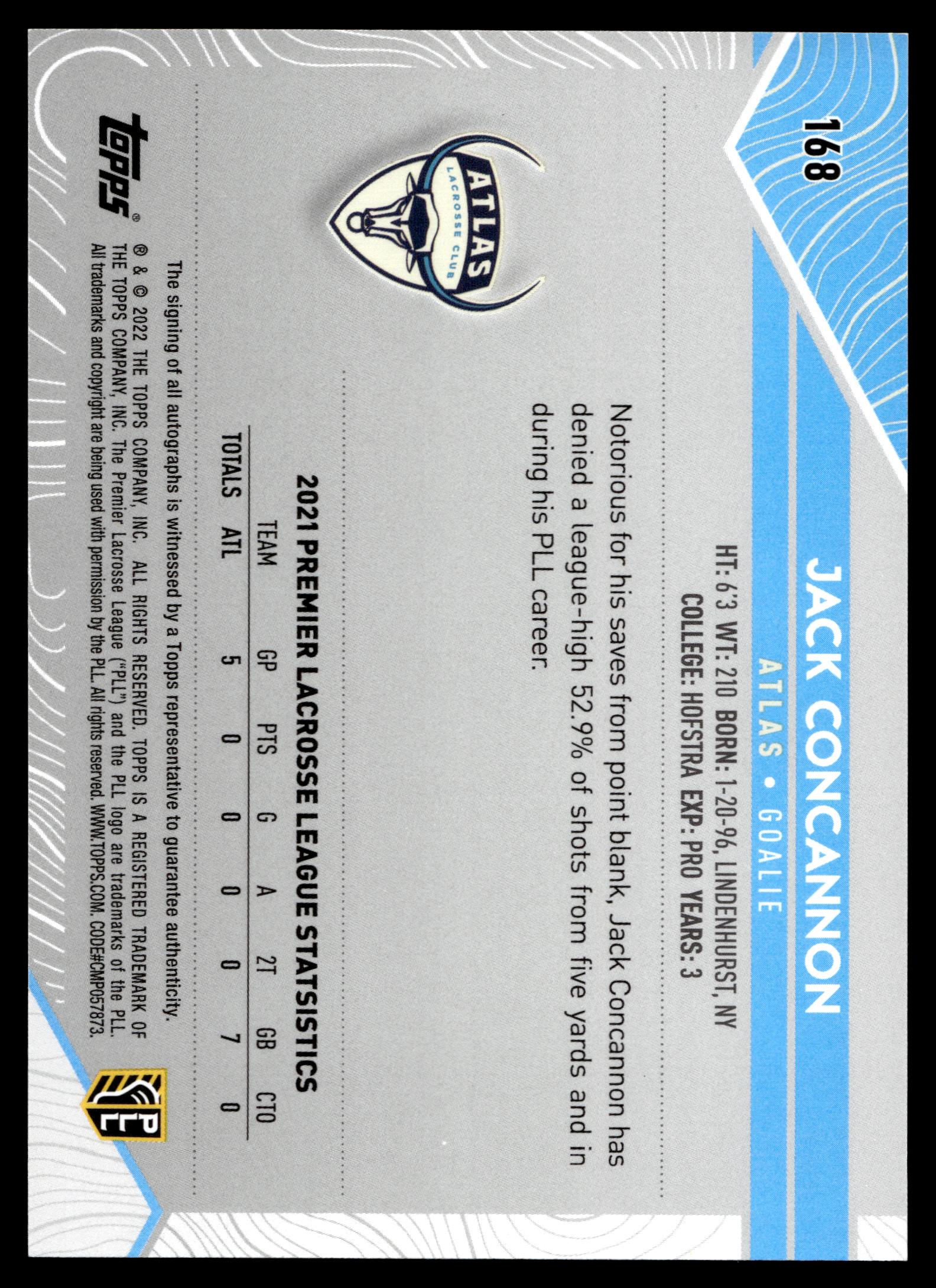 Jack Concannon 2022 Topps PLL Atlas Base Auto #168