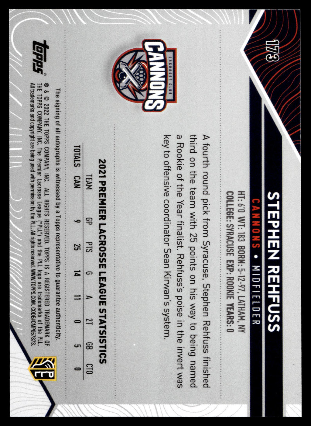 Stephen Rehfuss 2022 Topps PLL Cannons Base Auto #173