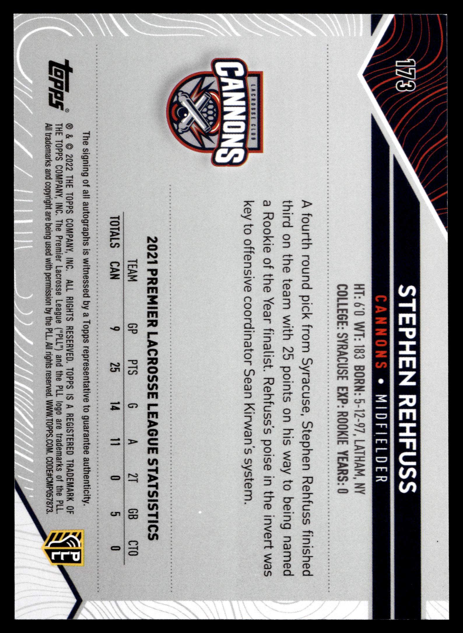 Stephen Rehfuss 2022 Topps PLL Cannons Base Auto #173