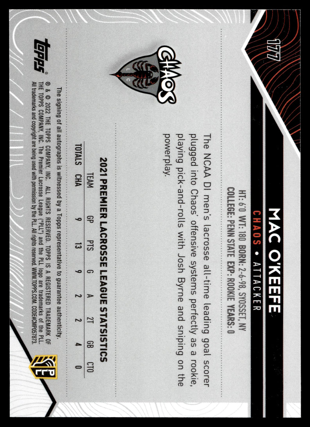 Mac O'Keefe 2022 Topps PLL Carolina Chaos Base Auto #177
