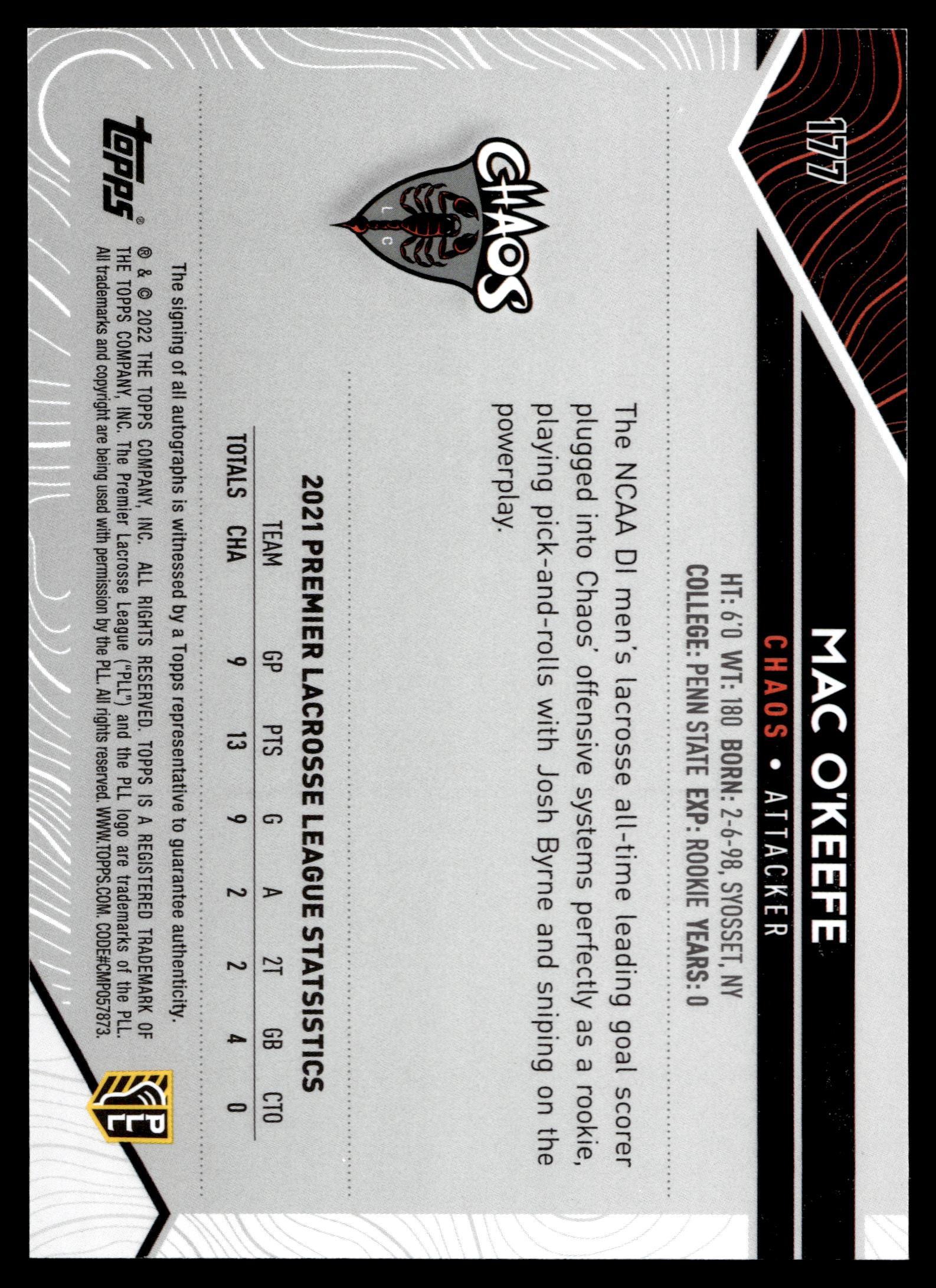 Mac O'Keefe 2022 Topps PLL Carolina Chaos Base Auto #177