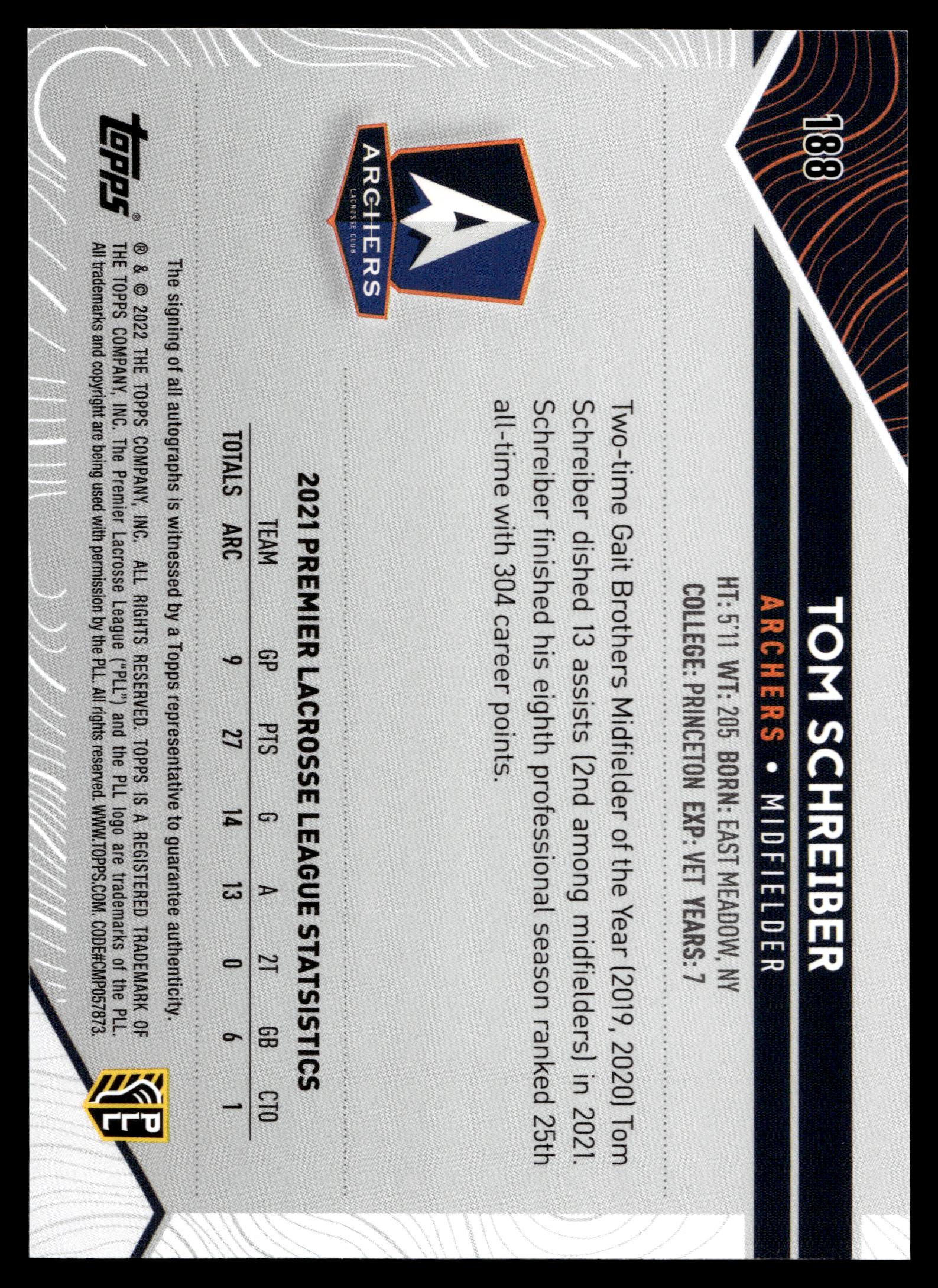 Tom Schreiber 2022 Topps PLL Archers Base Auto (Black Auto) #188