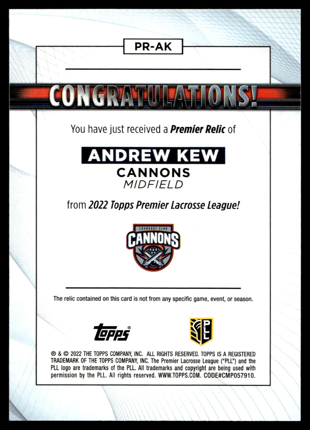 Andrew Kew 2022 Topps PLL Cannons Premier Relics #PR-AK