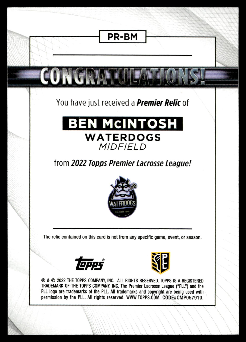 Ben McIntosh 2022 Topps PLL Waterdogs Premier Relics #PR-BM