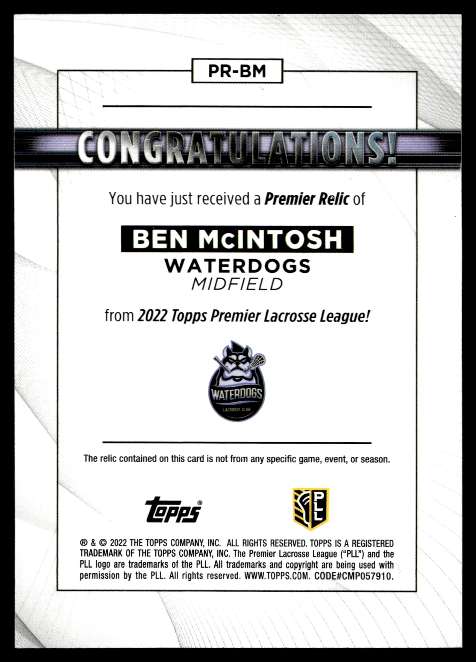 Ben McIntosh 2022 Topps PLL Waterdogs Premier Relics #PR-BM