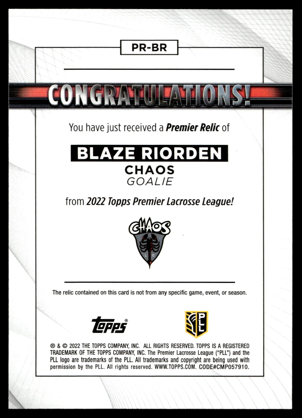 Blaze Riorden 2022 Topps PLL Chaos Premier Relics #PR-BR