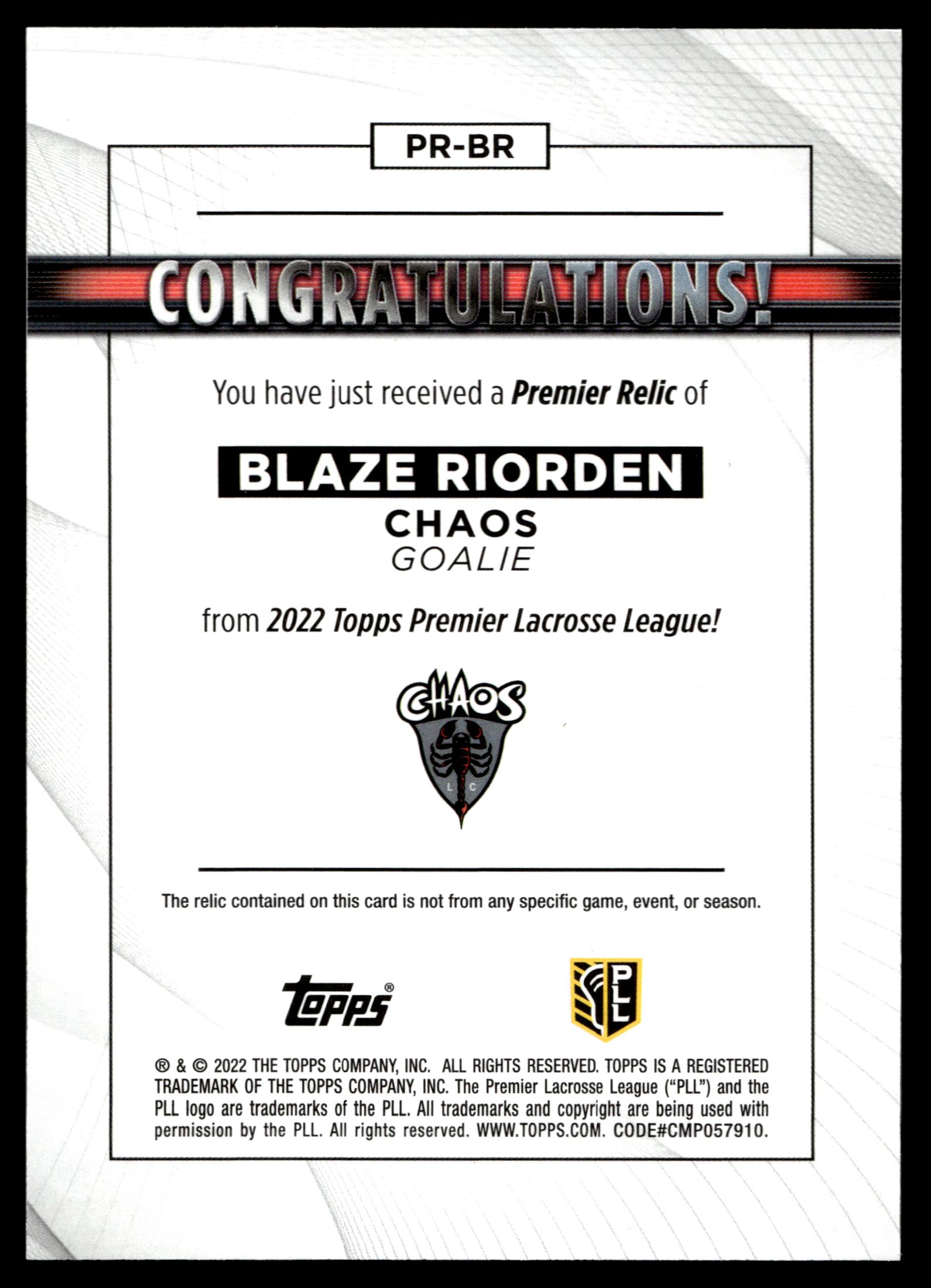 Blaze Riorden 2022 Topps PLL Chaos Premier Relics #PR-BR