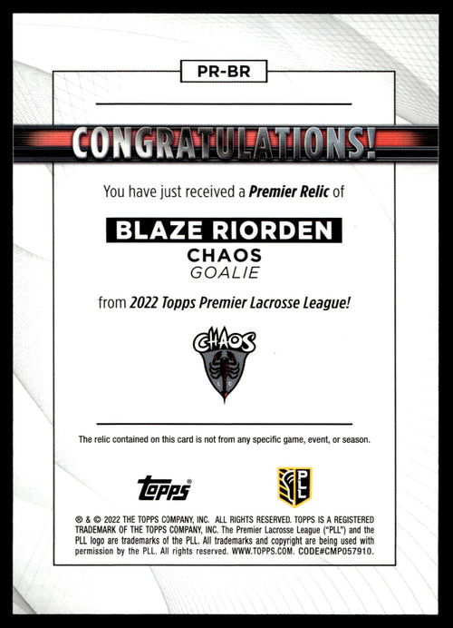 Blaze Riorden 2022 Topps PLL Chaos Premier Relics #PR-BR