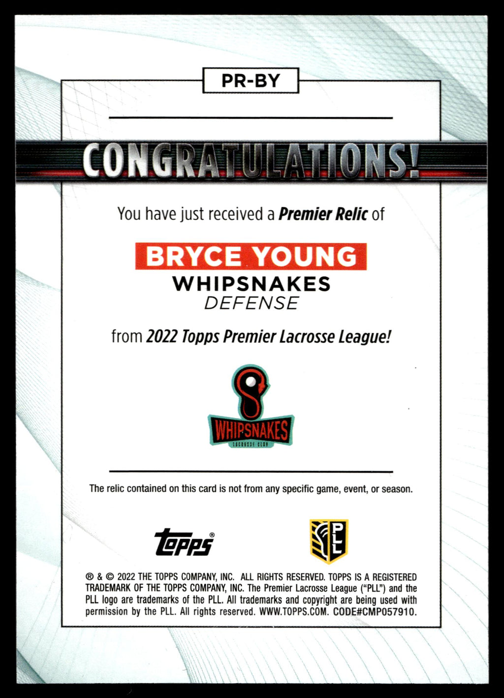 Bryce Young 2022 Topps PLL Whipsnakes Premier Relics #PR-BY