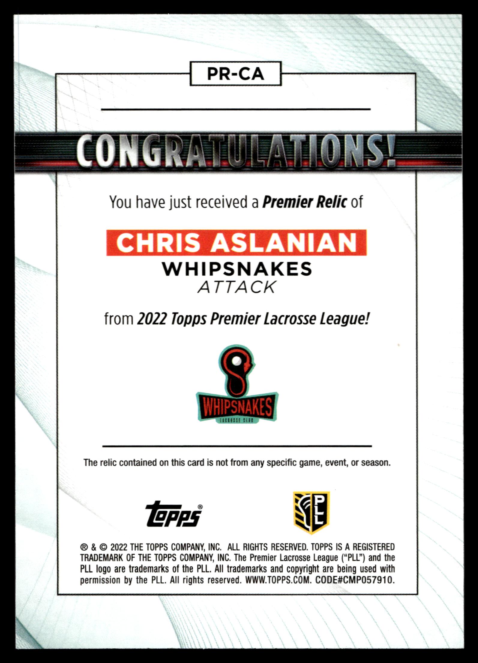 Chris Aslanian 2022 Topps PLL Whipsnakes Premier Relics #PR-CA