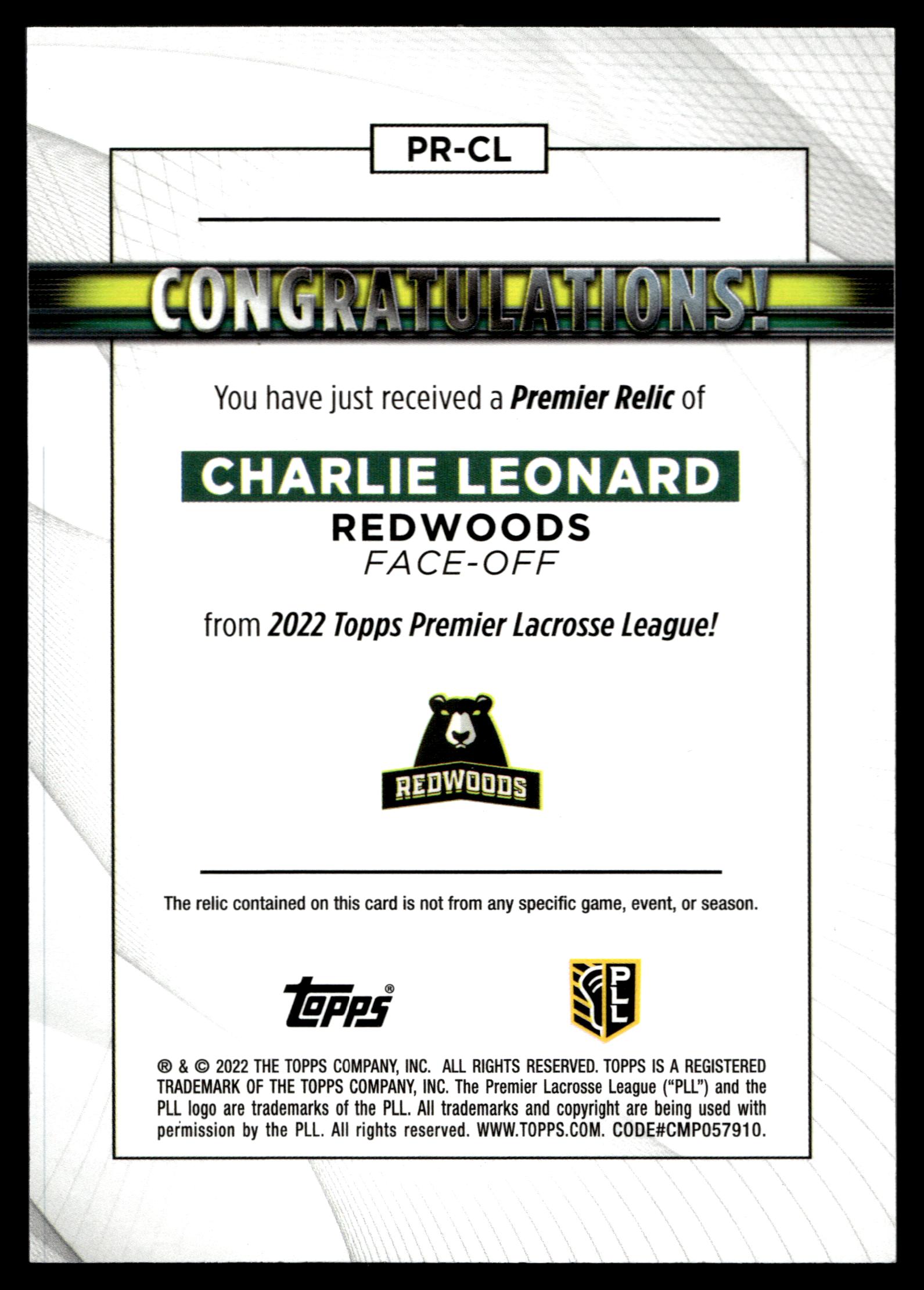 Charlie Leonard 2022 Topps PLL Redwoods Premier Relics #PR-CL