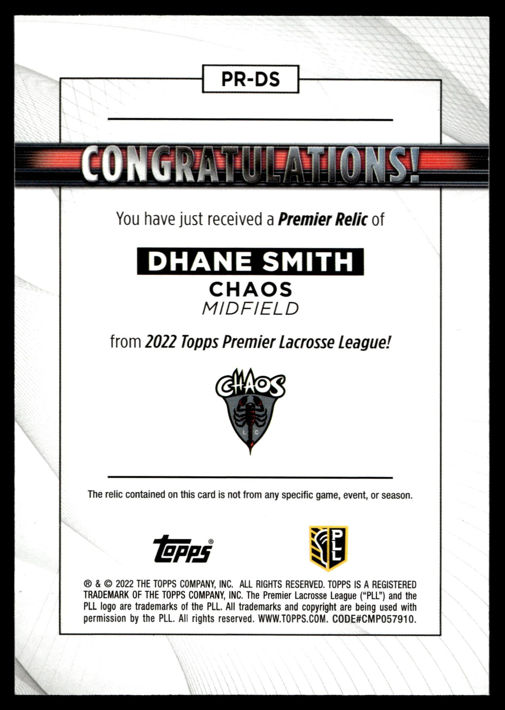 Dhane Smith 2022 Topps PLL Chaos Premier Relics #PR-DS