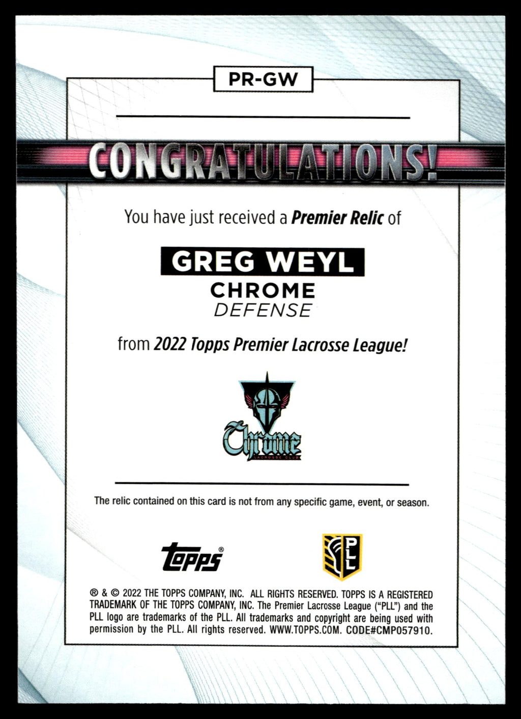Greg Weyl 2022 Topps PLL Chrome Premier Relics #PR=GW