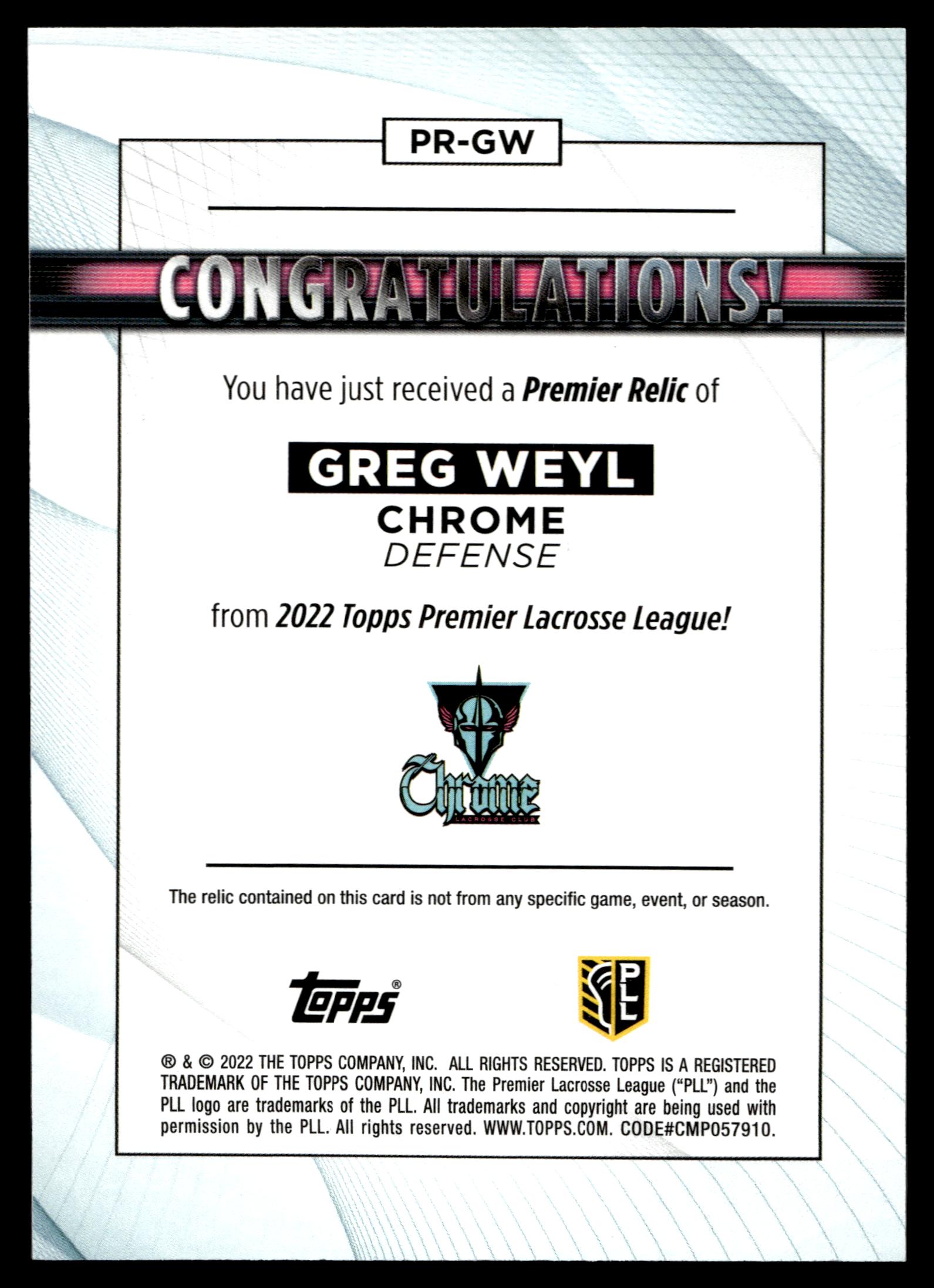 Greg Weyl 2022 Topps PLL Chrome Premier Relics #PR=GW