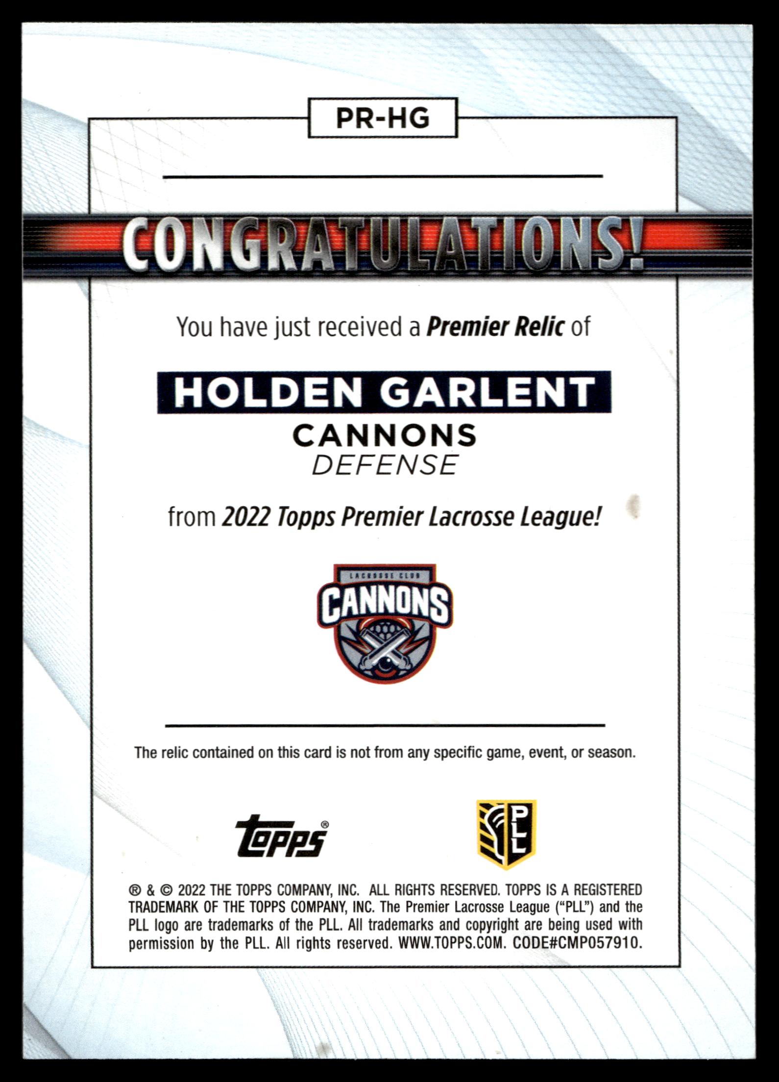 Holden Garlent 2022 Topps PLL Cannons Premier Relics #PR-HG