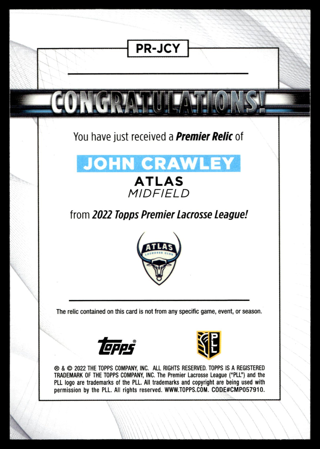 John Crawley 2022 Topps PLL Atlas Premier Relics #PR-JCY