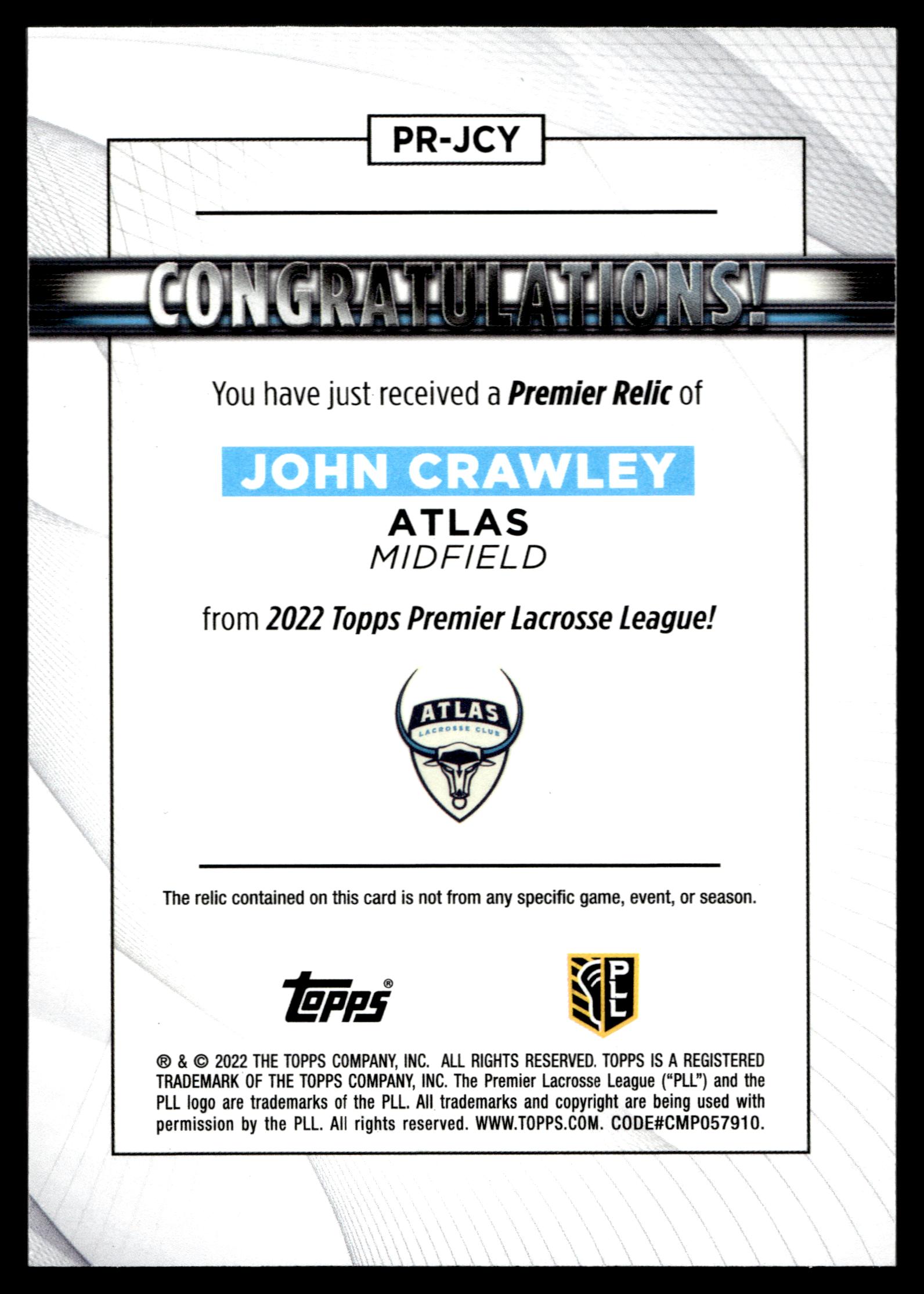 John Crawley 2022 Topps PLL Atlas Premier Relics #PR-JCY