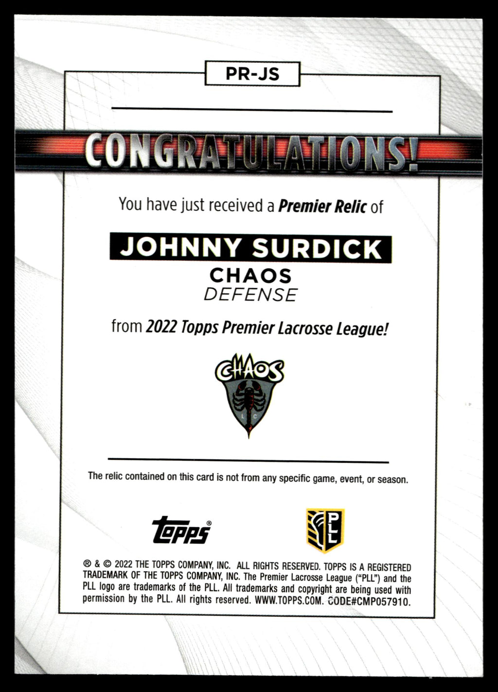Johnny Surdick 2022 Topps PLL Chaos Premier Relics #PR-JS