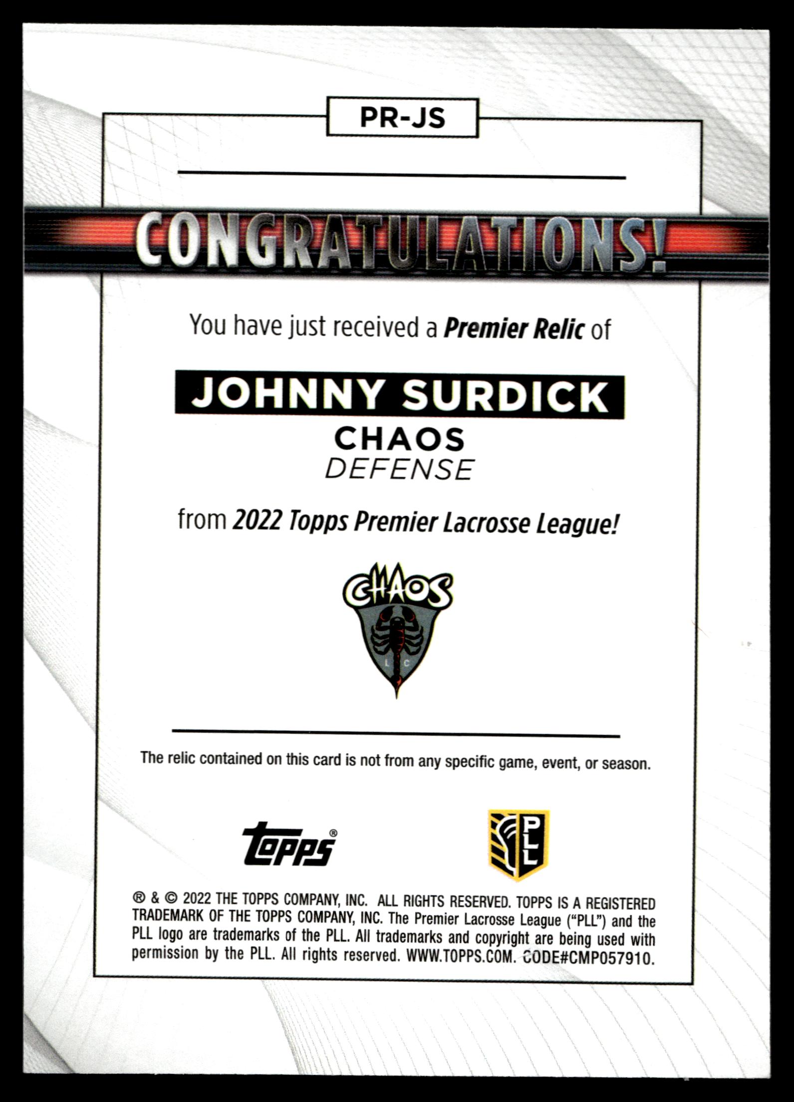 Johnny Surdick 2022 Topps PLL Chaos Premier Relics #PR-JS