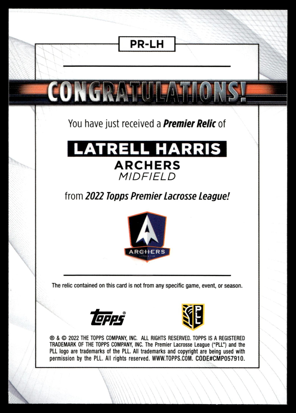 Latrell Harris 2022 Topps PLL Archers Premier Relics #PR-LH