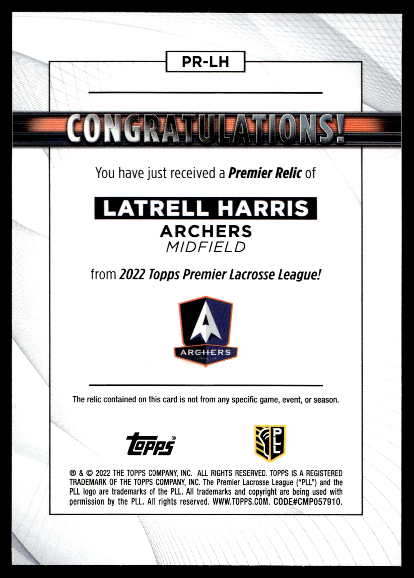 Latrell Harris 2022 Topps PLL Archers Premier Relics #PR-LH