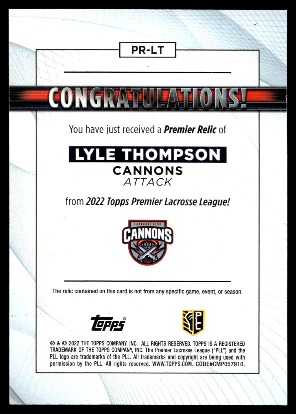 Lyle Thompson 2022 Topps PLL Cannons Premier Relics #PR-LT
