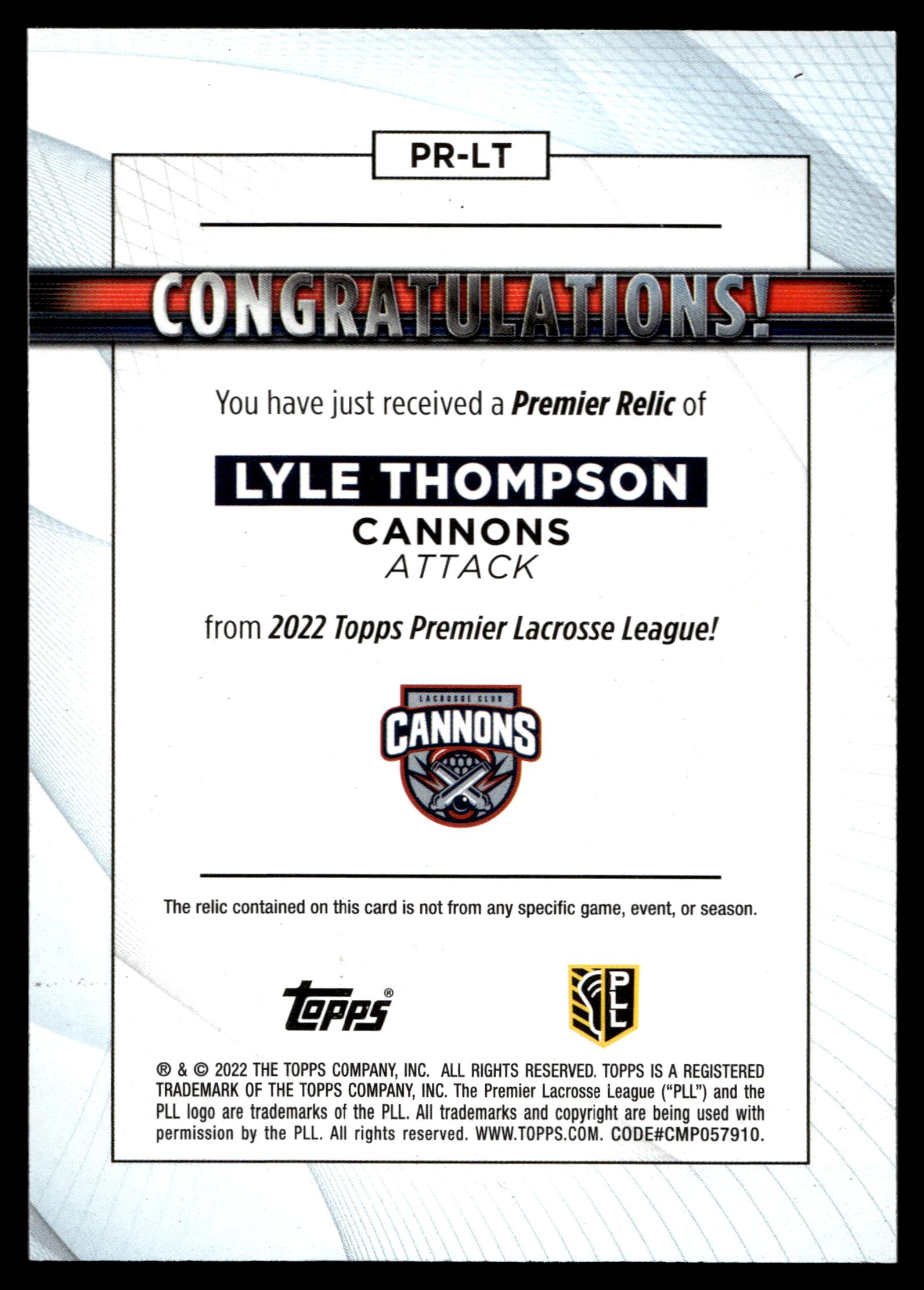 Lyle Thompson 2022 Topps PLL Cannons Premier Relics #PR-LT