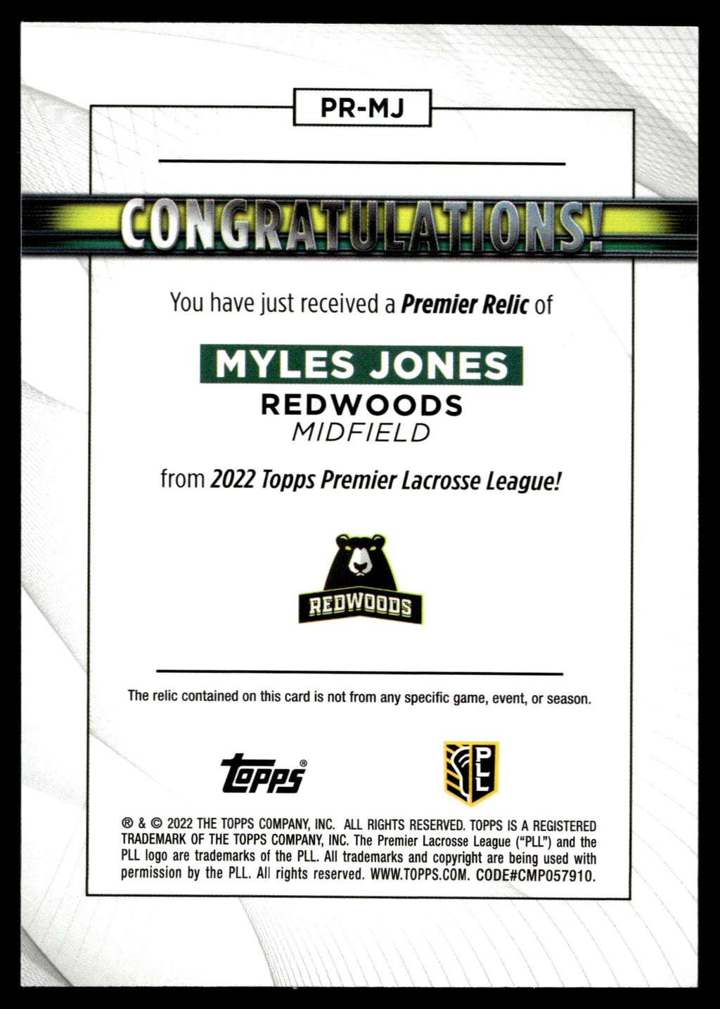 Myles Jones 2022 Topps PLL Redwoods Premier Relics #PR-MJ