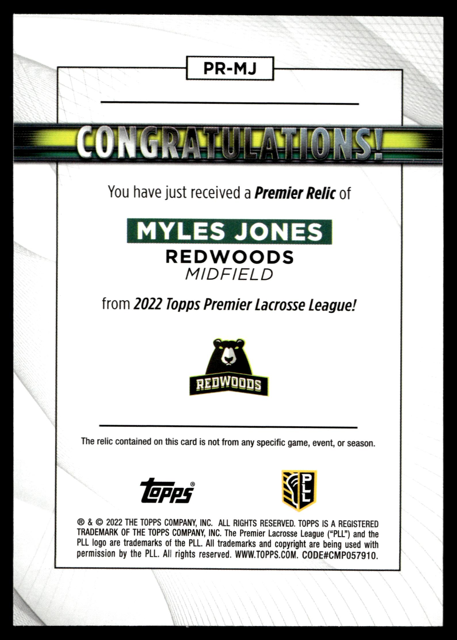 Myles Jones 2022 Topps PLL Redwoods Premier Relics #PR-MJ
