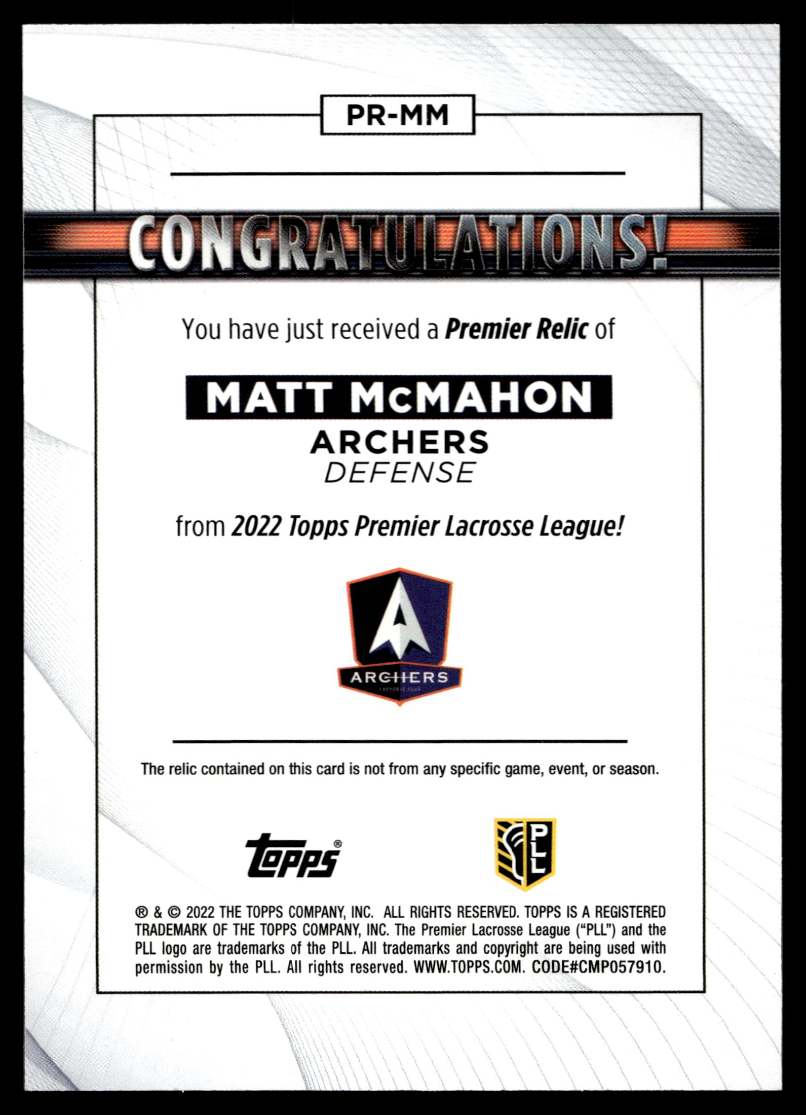 Matt McMahon 2022 Topps PLL Archers Premier Relics #PR-MM