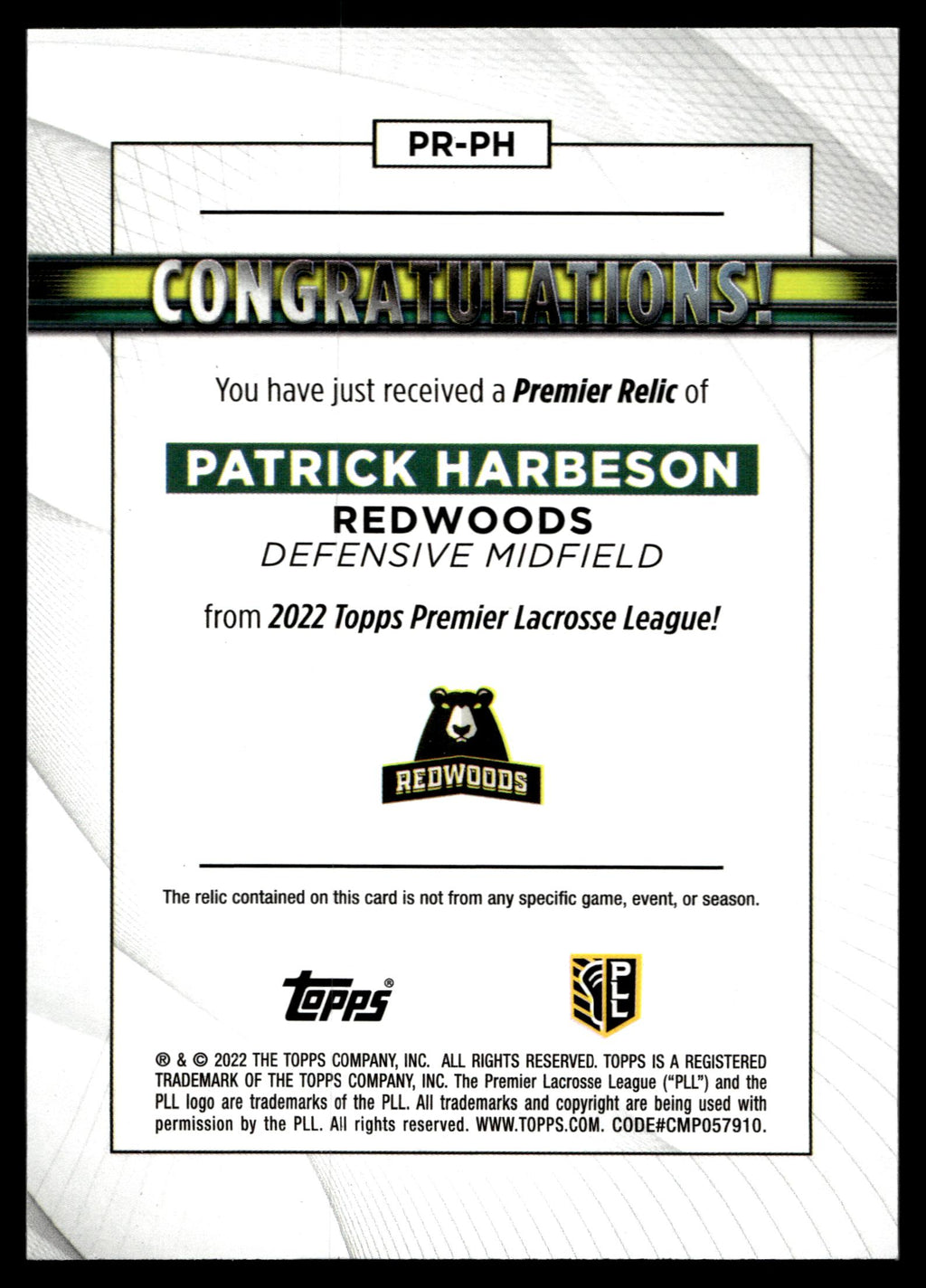 Patrick Harbeson 2022 Topps PLL Redwoods Premier Relics #PR-PH