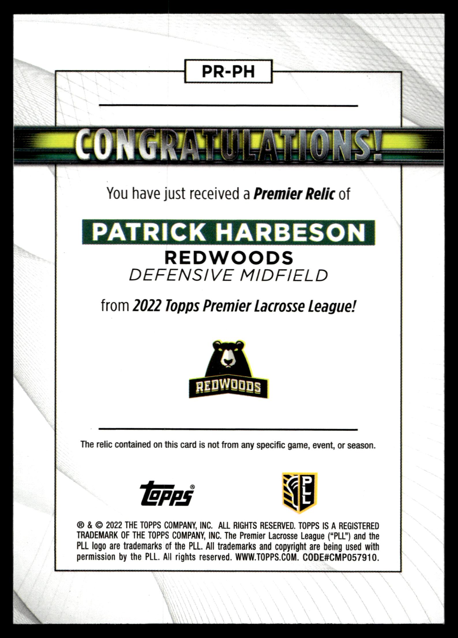 Patrick Harbeson 2022 Topps PLL Redwoods Premier Relics #PR-PH