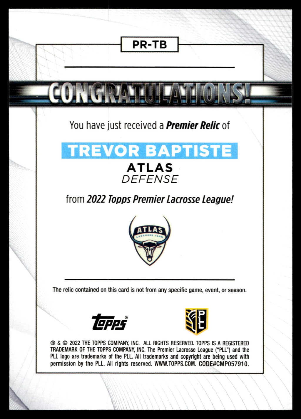 Tevor Baptiste 2022 Topps PLL Atlas Premier Relics #PT-TB