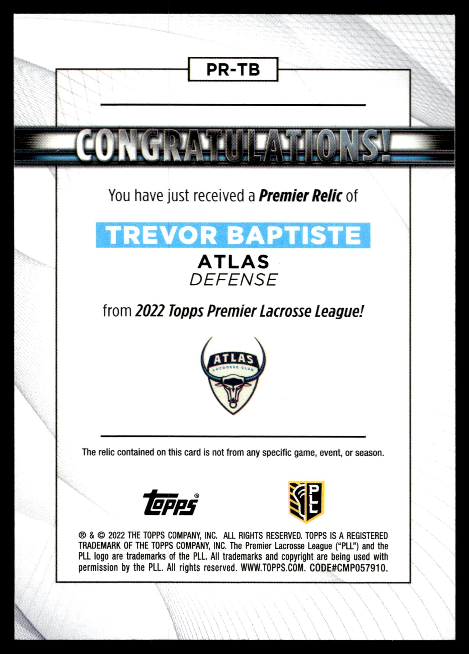 Tevor Baptiste 2022 Topps PLL Atlas Premier Relics #PT-TB