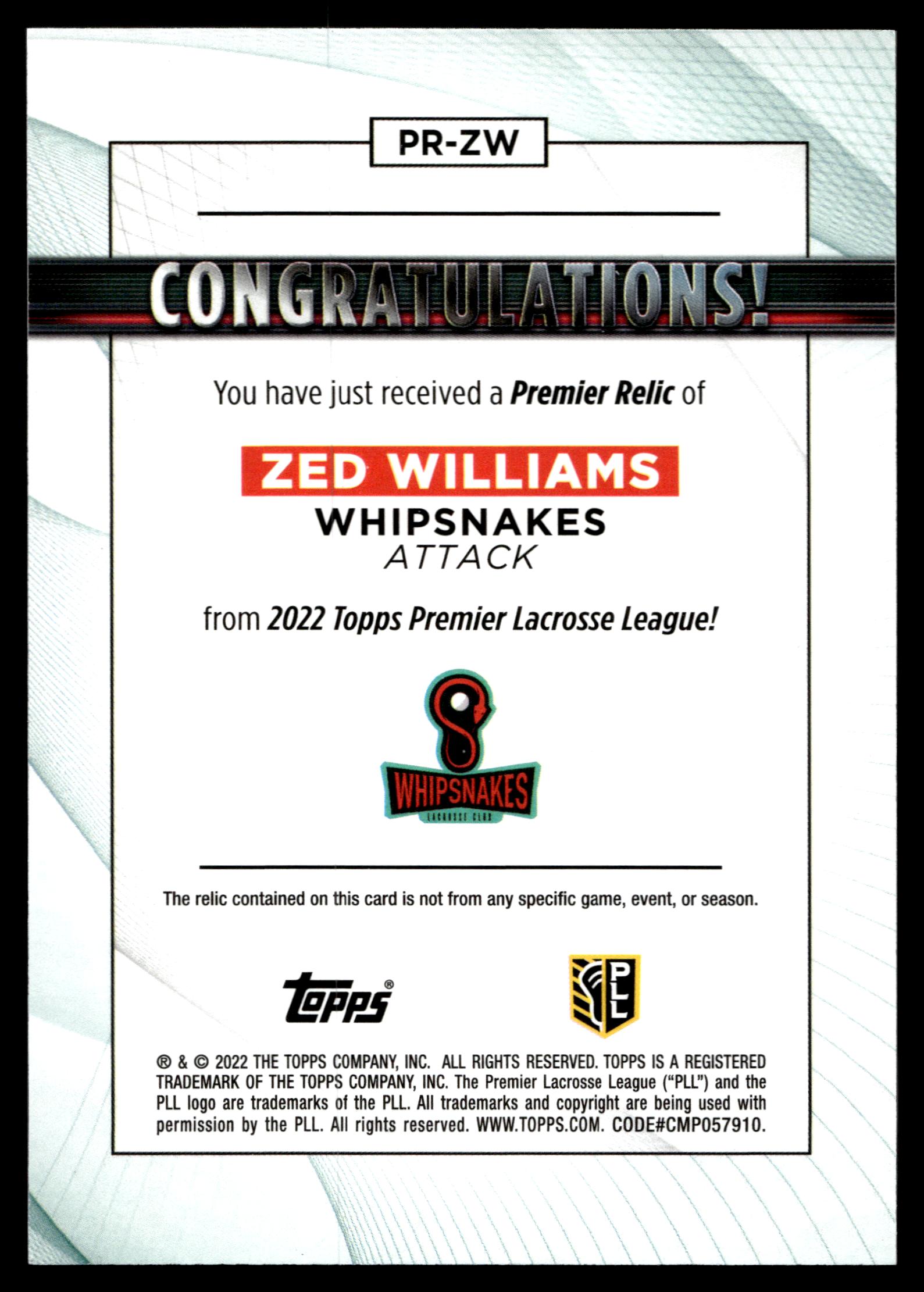 Zed Williams 2022 Topps PLL Whipsnakes Premier Relics #PR-ZW