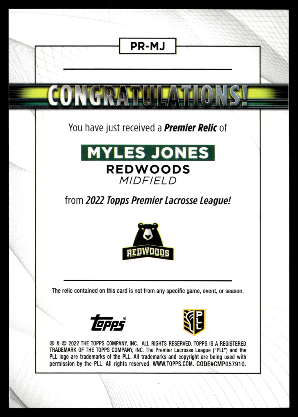 Myles Jones 2022 Topps PLL Redwoods Premier Relics #PR-MJ